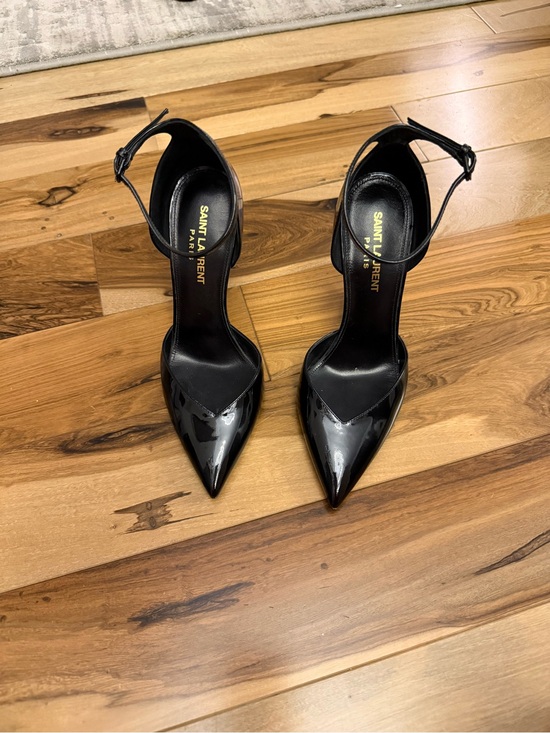 Saint Laurent Shoes - Saint Laurent Black Patent Leather Pointed Ankle-Strap Pumps